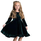 Kids Emerald Green Velvet Ruffle Fancy Christmas Party Dress