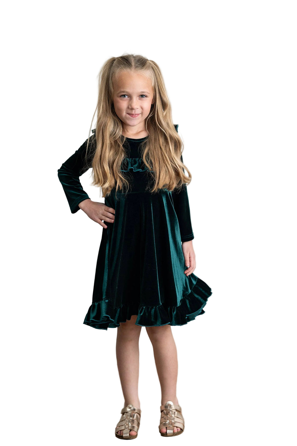 Kids Emerald Green Velvet Ruffle Fancy Christmas Party Dress