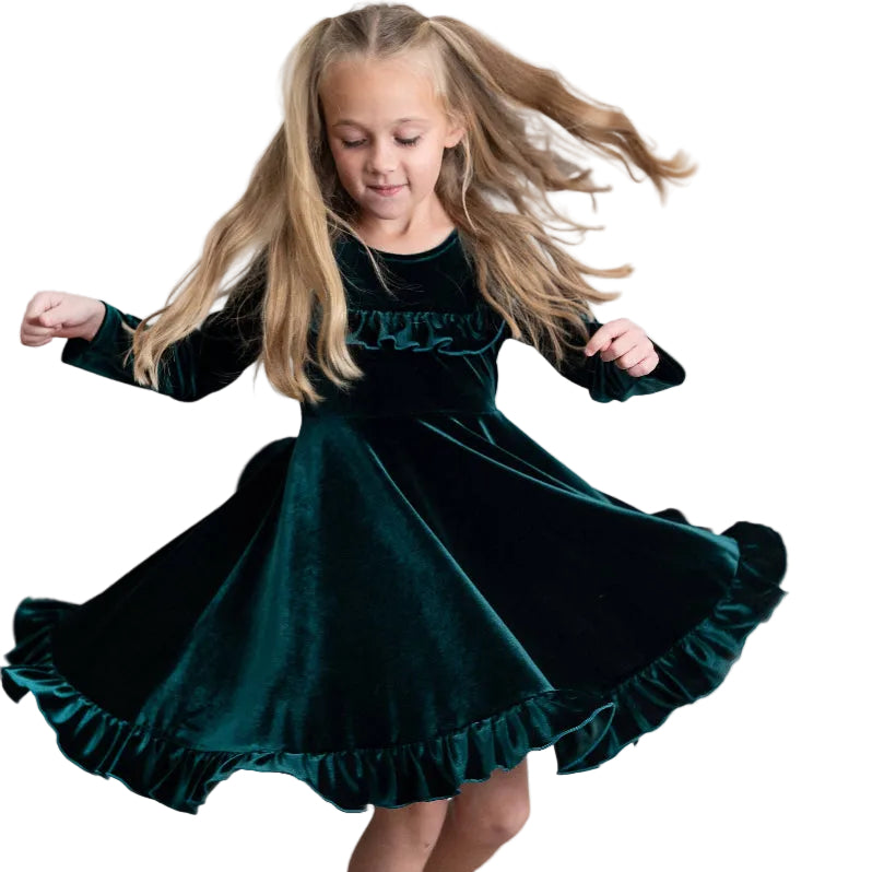 Kids Emerald Green Velvet Ruffle Fancy Christmas Party Dress