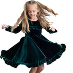 Kids Emerald Green Velvet Ruffle Fancy Christmas Party Dress