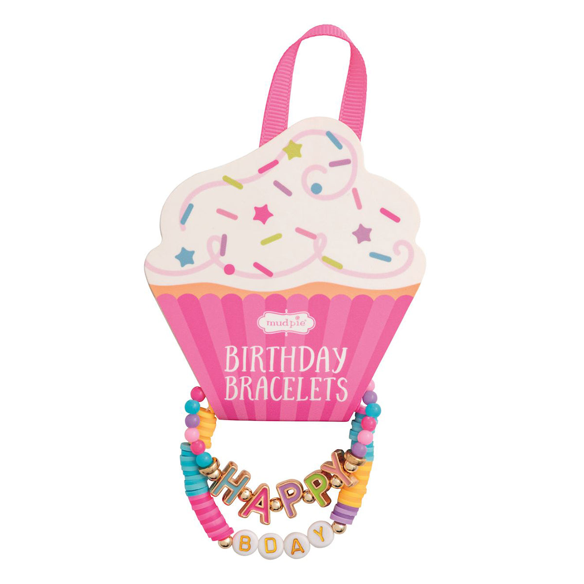 White upcake-shaped package for  birthday bracelets with colorful beads spelling 'Happy  BDay'