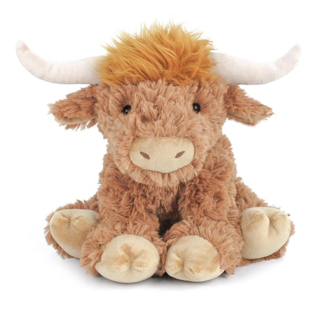 Brown highland cow plush stuffed animal with white horns.