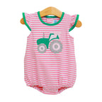 Baby girl pink striped knit bubble one-piece outfit with flutter sleeves and a green tractor applique