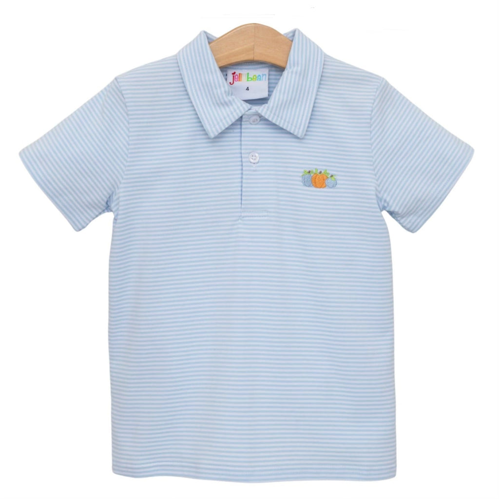 A light blue and white striped short-sleeve polo shirt for boys featuring embroidered pumpkins on the left chest.