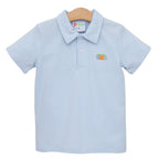 A light blue and white striped short-sleeve polo shirt for boys featuring embroidered pumpkins on the left chest.