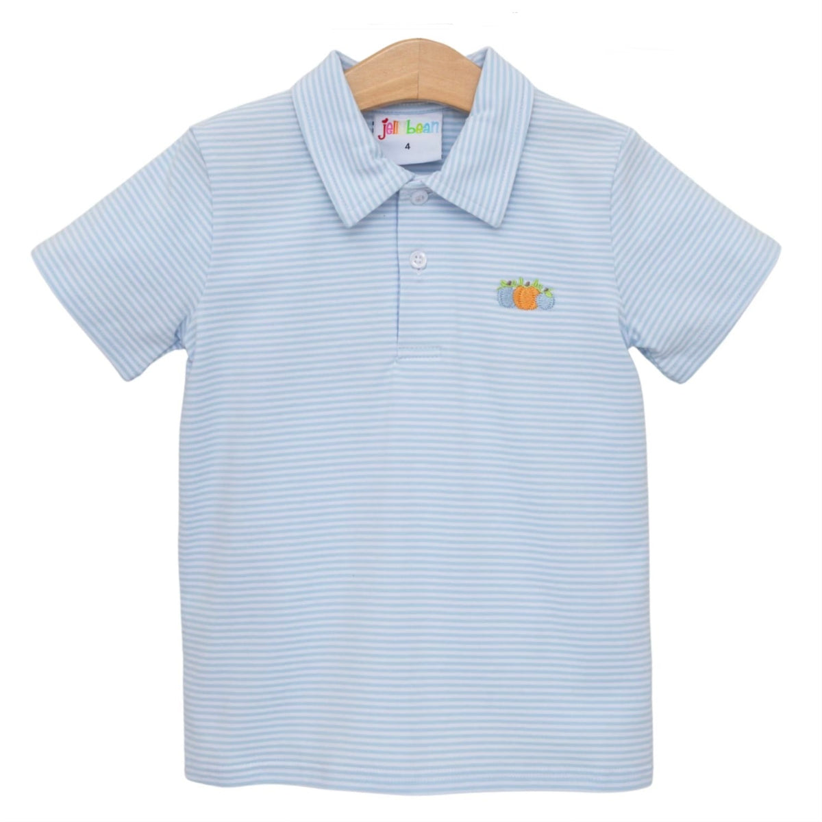 A light blue and white striped short-sleeve polo shirt for boys featuring embroidered pumpkins on the left chest.