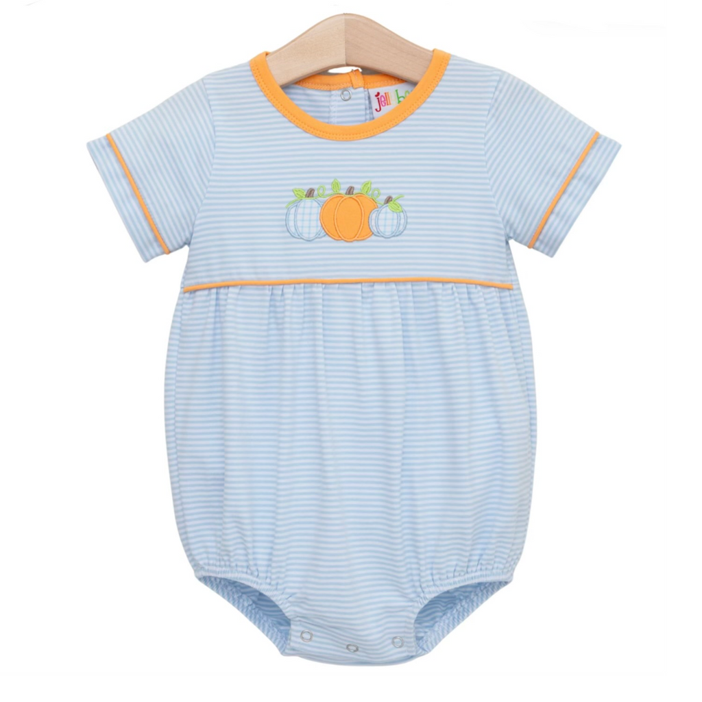 A baby boy short-sleeve bubble with light blue and white stripes, featuring orange trim on the crew neck and sleeve cuffs, and an appliqued pumpkin design on the chest.
