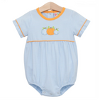 A baby boy short-sleeve bubble with light blue and white stripes, featuring orange trim on the crew neck and sleeve cuffs, and an appliqued pumpkin design on the chest.