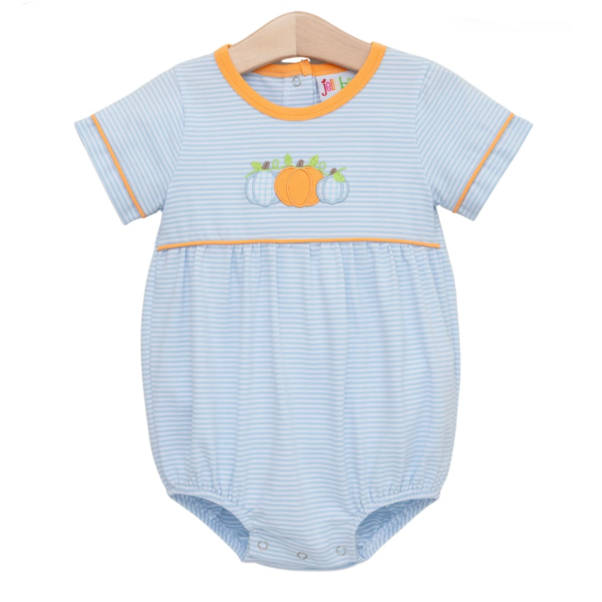 A baby boy short-sleeve bubble with light blue and white stripes, featuring orange trim on the crew neck and sleeve cuffs, and an appliqued pumpkin design on the chest.