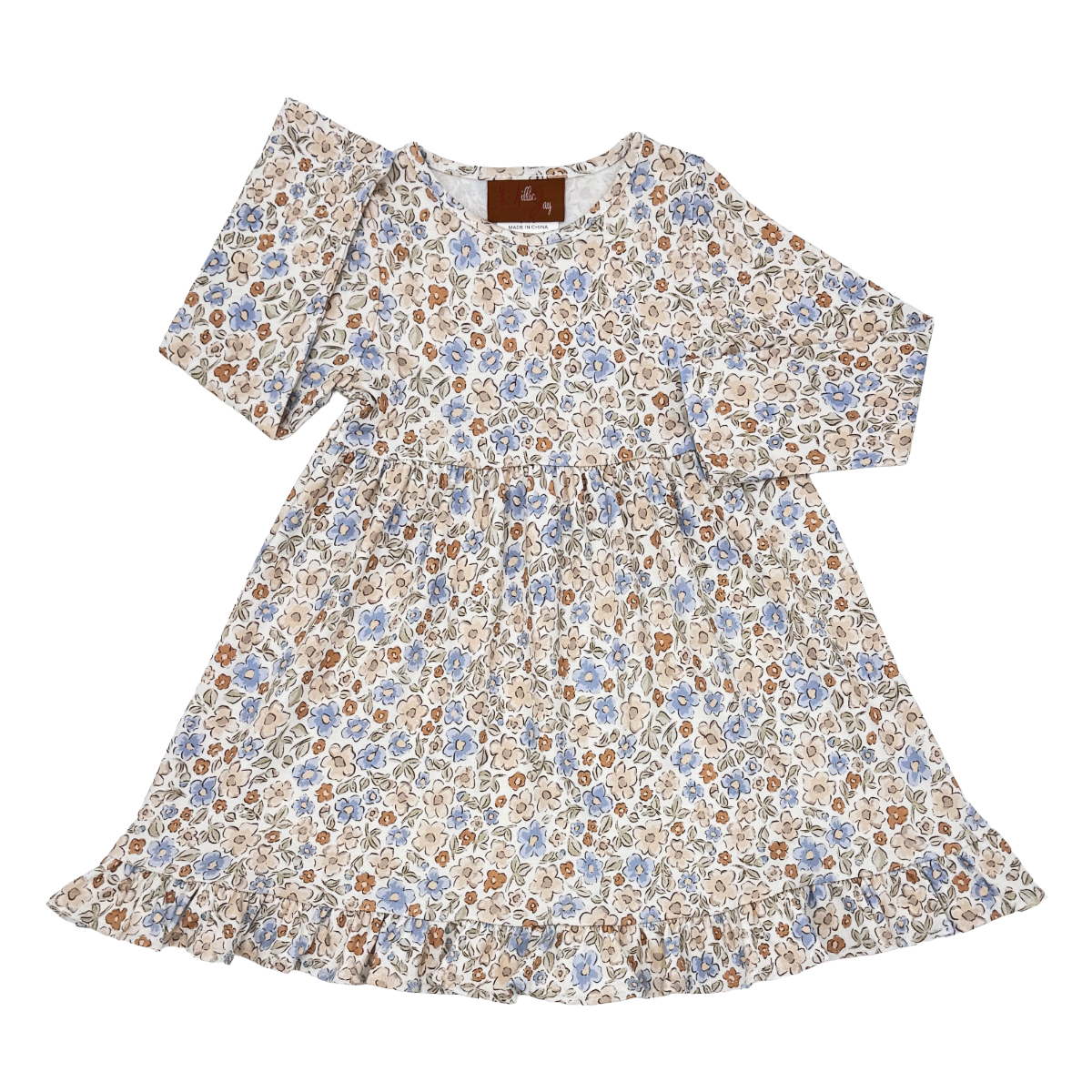 A long-sleeve girl dress with a beige base and a delicate blue and brown floral print, featuring a ruffled neckline and a ruffled hem.