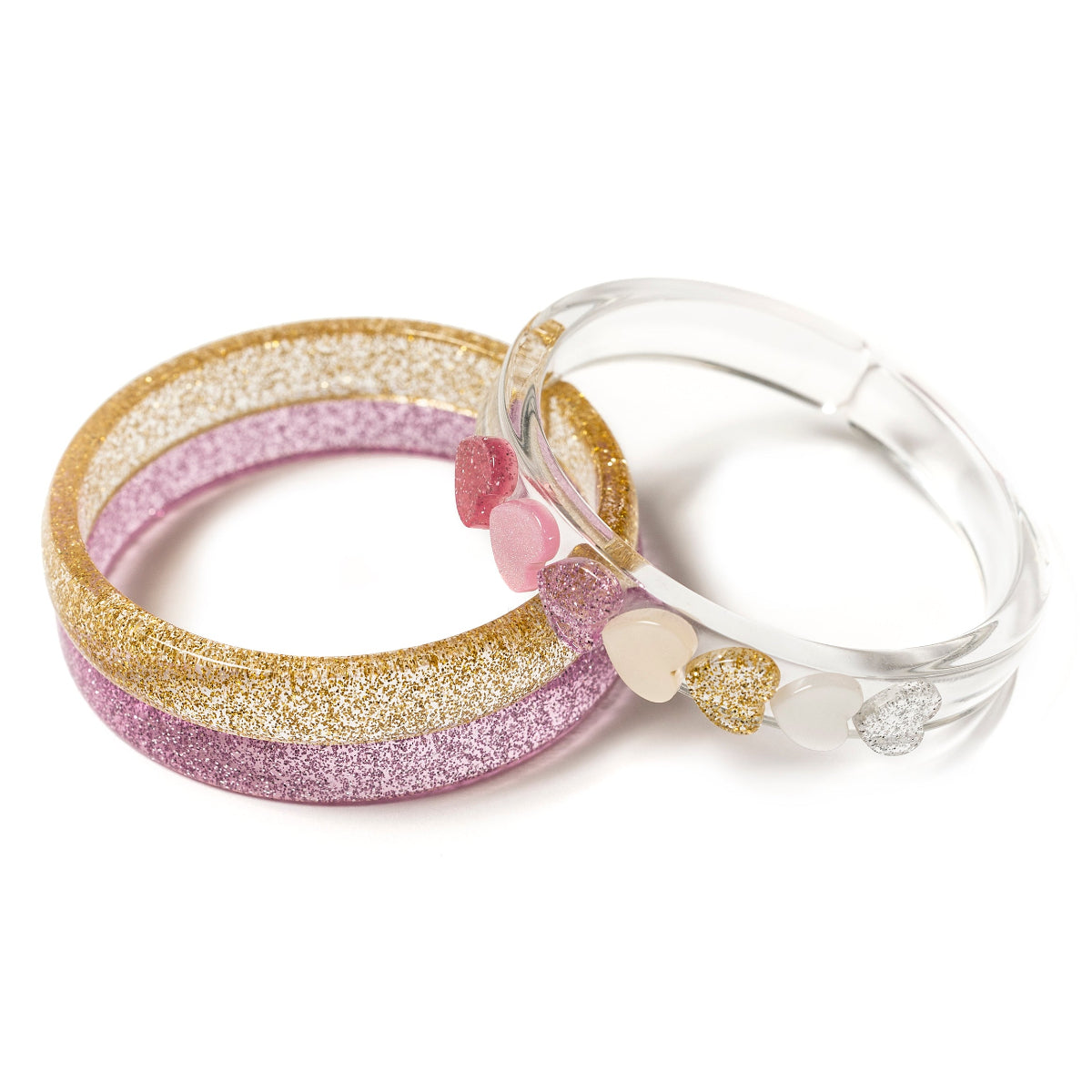 Three bracelets, one gold glittery, one pink glittery, the other clear with hearts in pinks, gold and silver glitter.