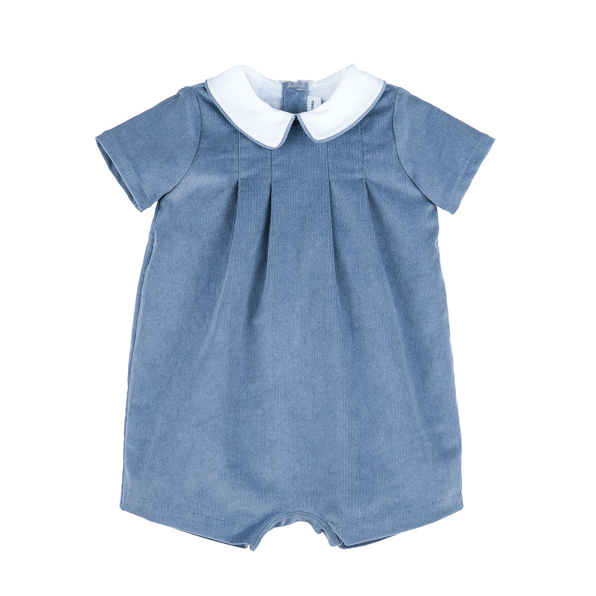 A baby boy's classic short romper in soft blue corduroy with a gently pleated front and contrasting white Peter Pan collar.