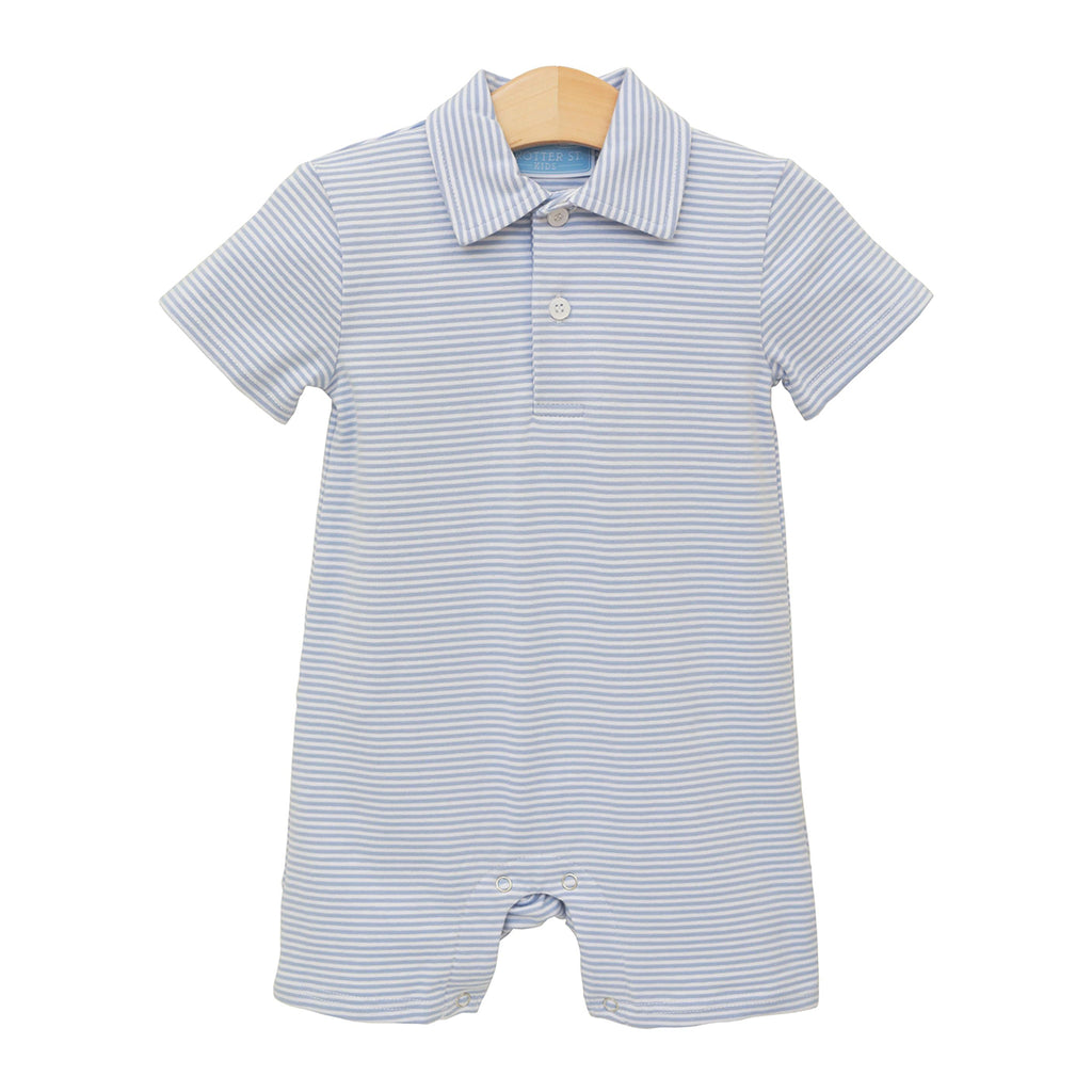 Baby boy light blue striped knit polo romper with collar