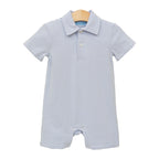 Baby boy light blue striped knit polo romper with collar
