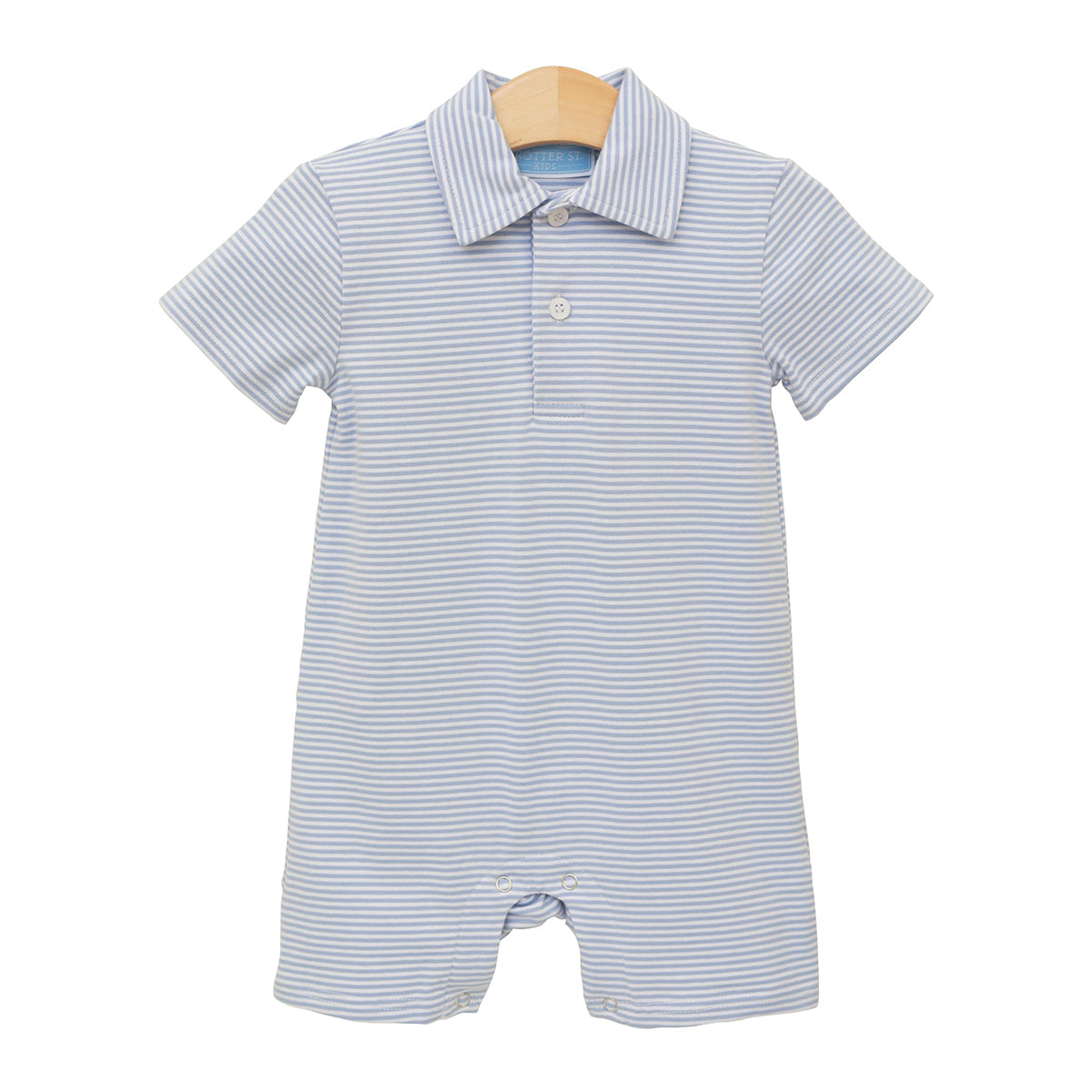 Baby boy light blue striped knit polo romper with collar