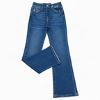 A pair of medium wash blue denim jeans with a flared leg, laid flat against a white background.