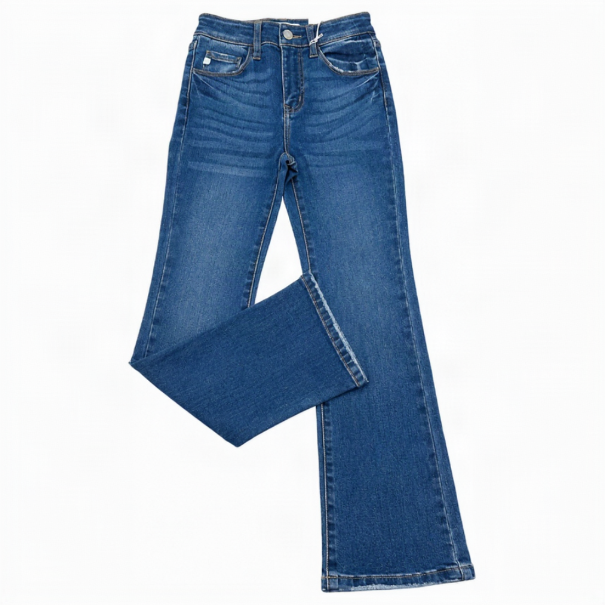 A pair of medium wash blue denim jeans with a flared leg, laid flat against a white background.