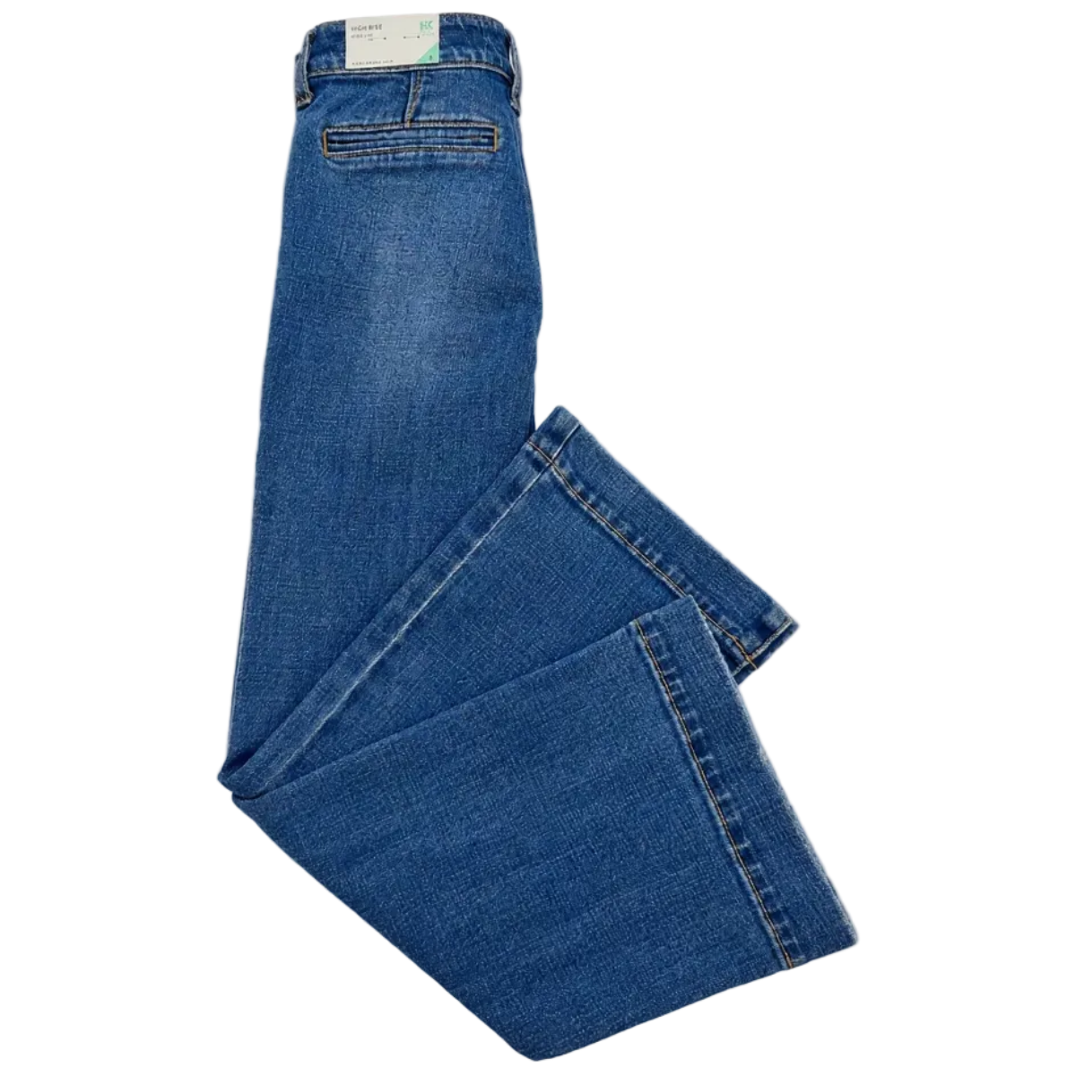 A pair of medium wash blue denim jeans folded neatly on a solid white background, showing the back pocket details and the waistband.