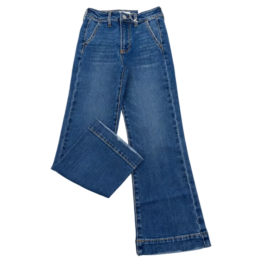 A pair of medium-wash blue denim jeans with a straight-to-wide leg, folded cuffs, and classic front pockets, shown against a plain white background.