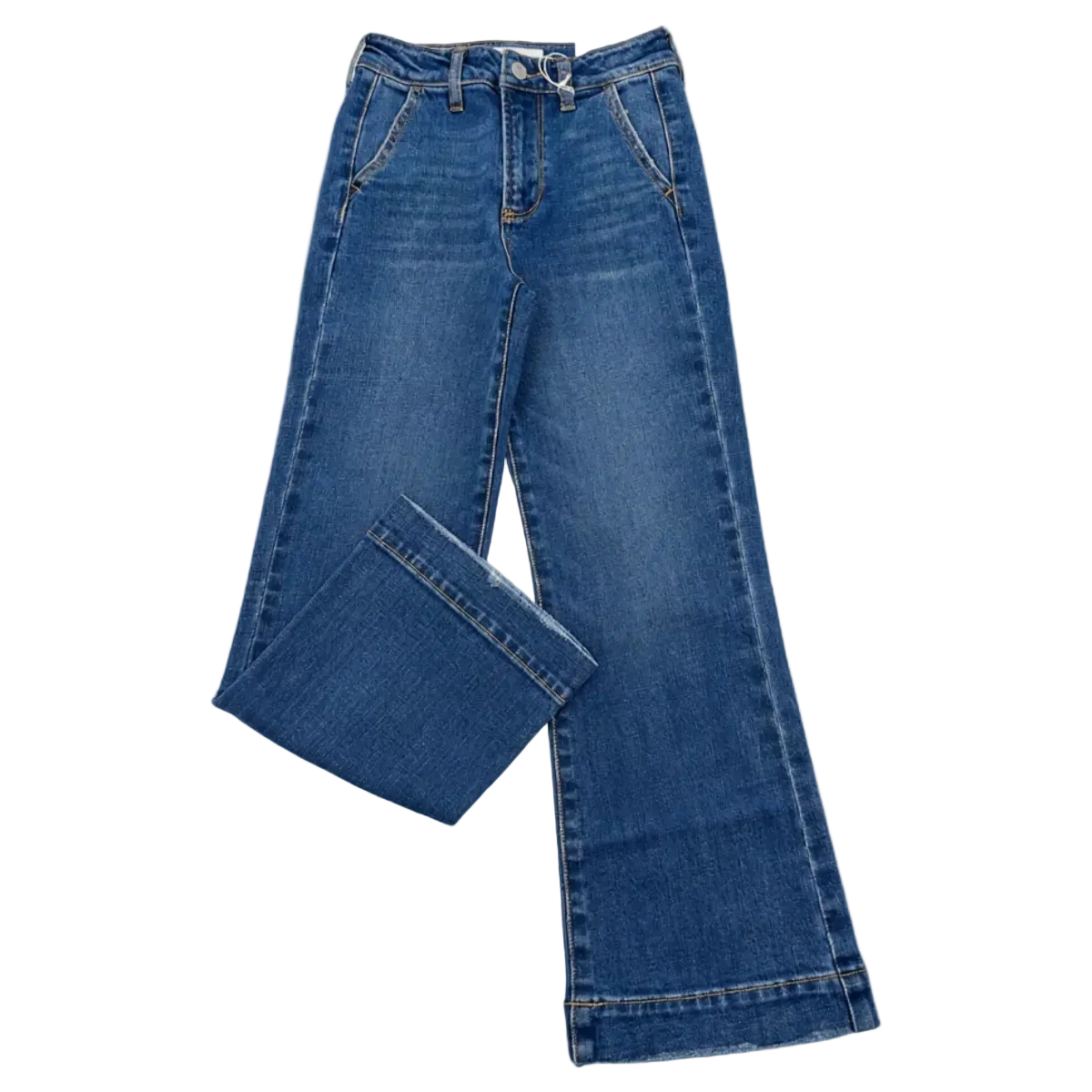 A pair of medium-wash blue denim jeans with a straight-to-wide leg, folded cuffs, and classic front pockets, shown against a plain white background.