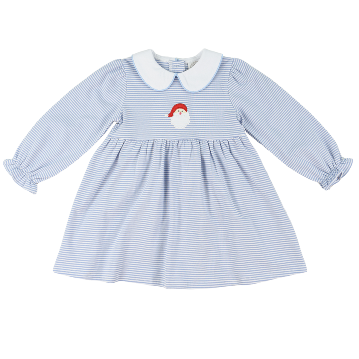 Light blue and white stripe girl’s Christmas dress with long sleeves, Santa Claus appliqué, and white Peter Pan collar.
