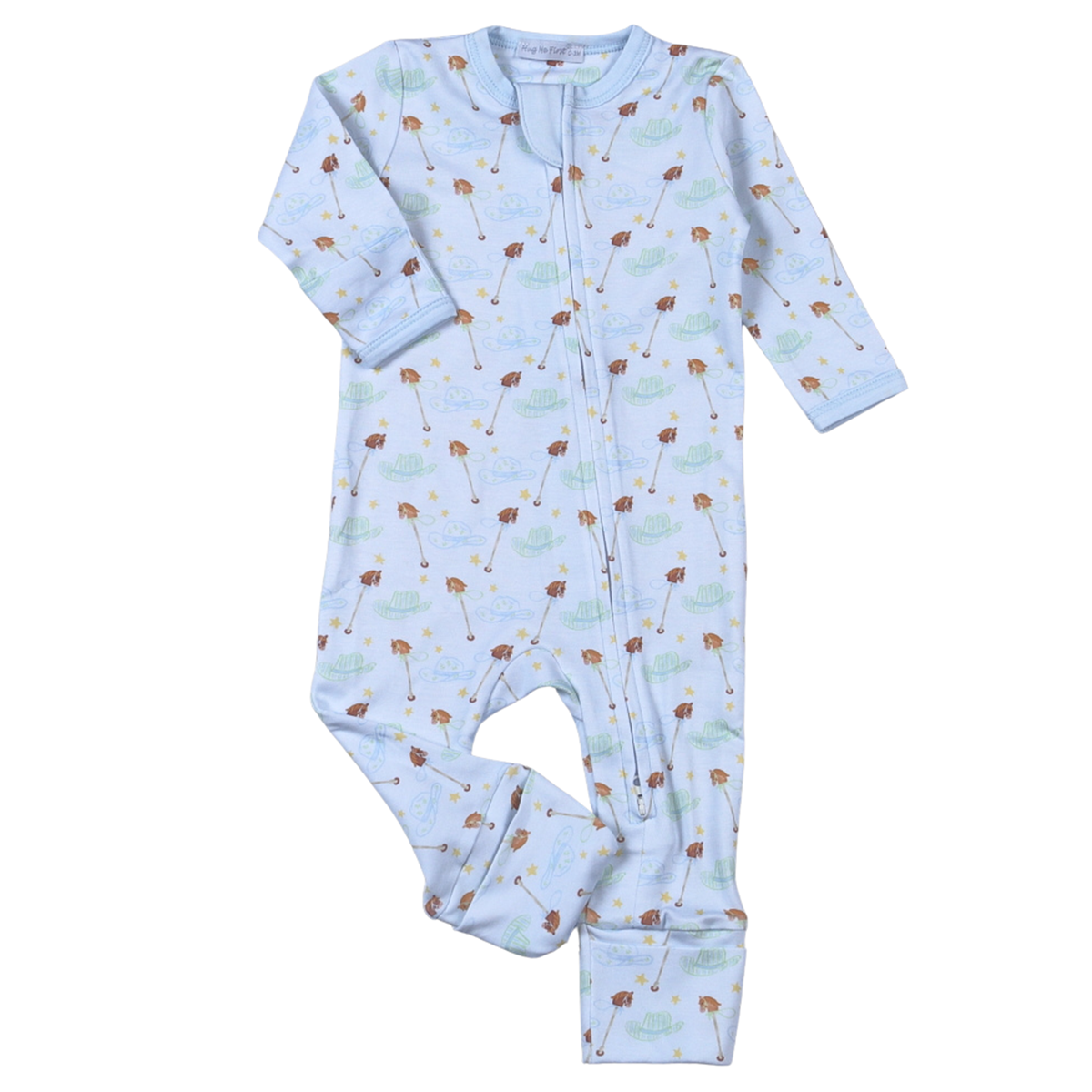 Baby boy blue sleeper onesie with an allover hobby horse western pattern.