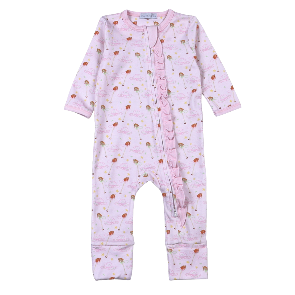 Baby girl pink sleeper onesie with a ruffle and an allover hobby horse western pattern.