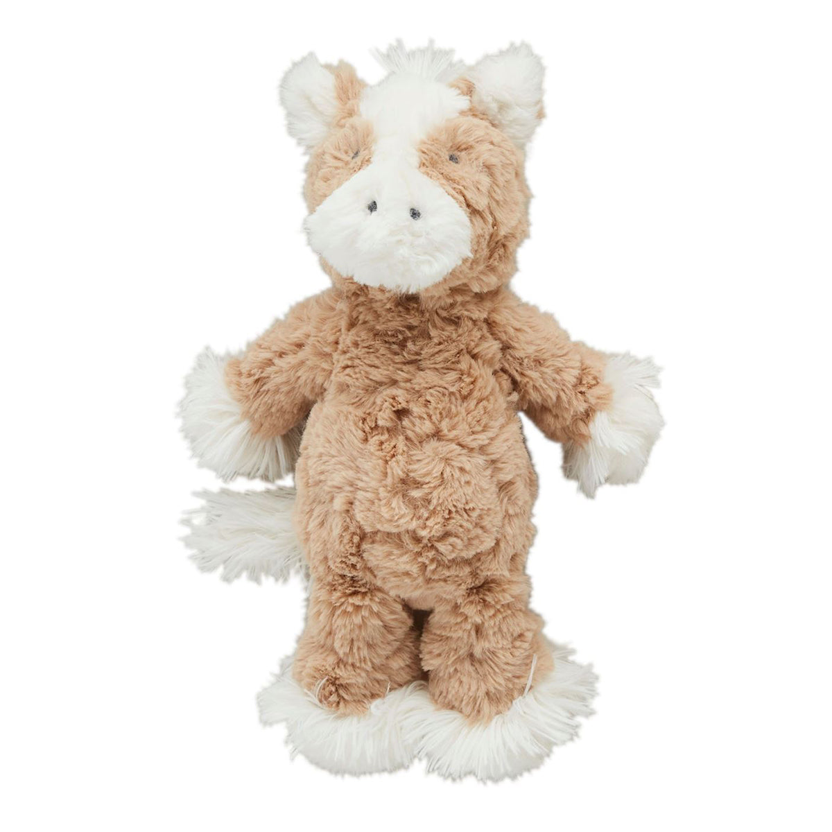 Plush toy horse with brown body, white mane, and feet