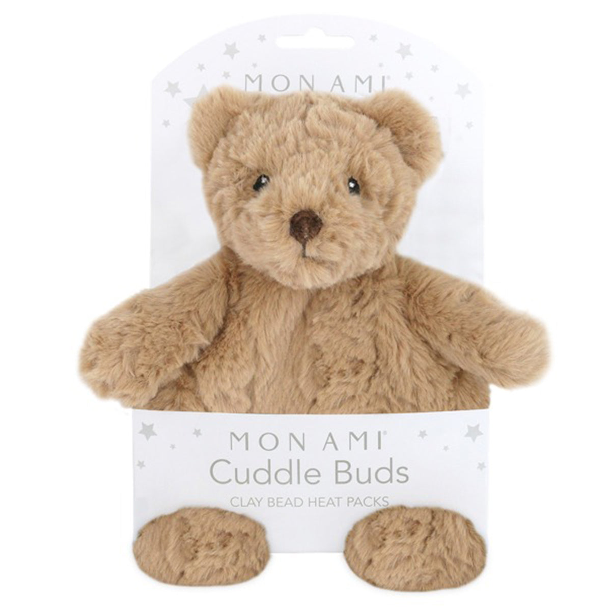 Plush teddy bear heat pack in packaging with 'Mon Ami Cuddle Buds' text .