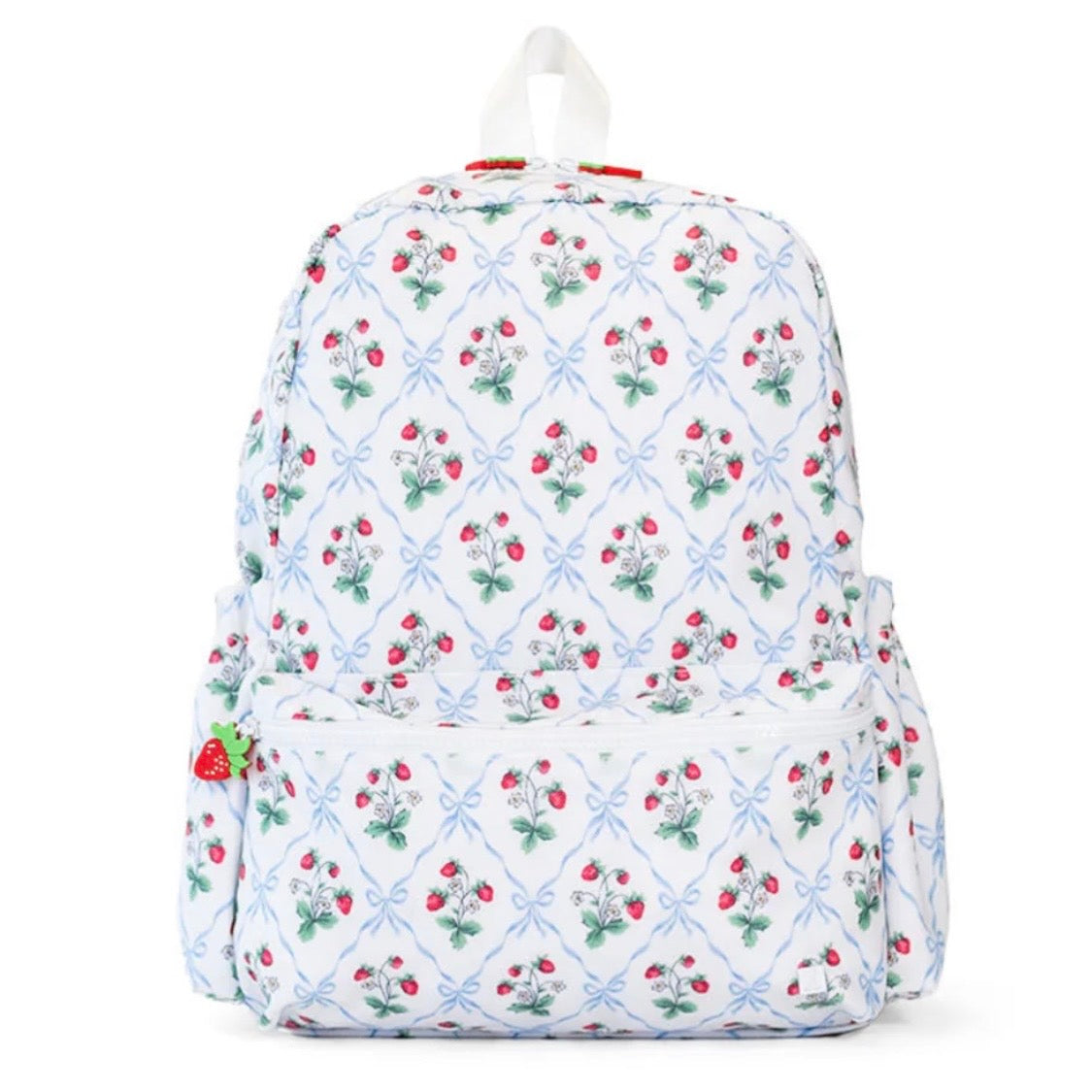 Girls backpack in a strawberry and blue bow trellis design with strawberry zipper pull