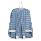 TRVL Design blue plaid kid's backpack with front zip pocket, adjustable padded straps, side pockets and top handle.