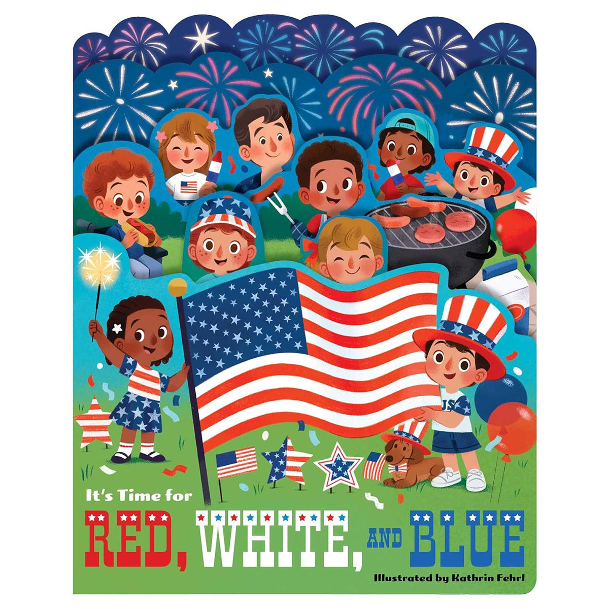 Book cover with children celebrating Independence Day, featuring an American flag and fireworks.