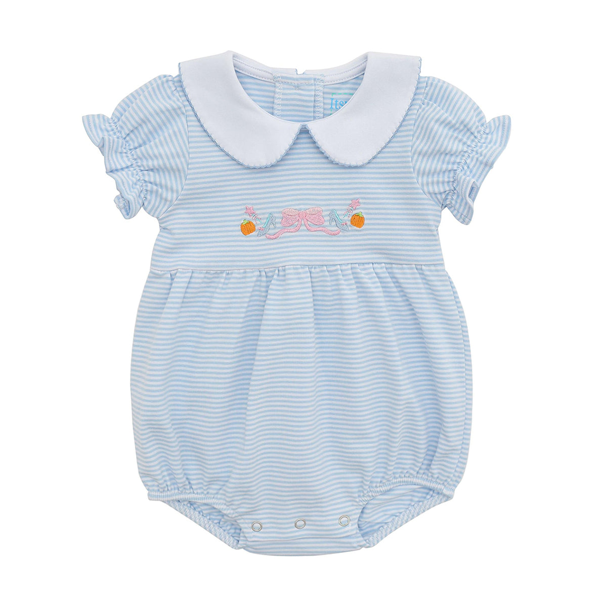 Baby girl blue stripe knit bubble with Peter Pan collar and fairytale princess embroidery