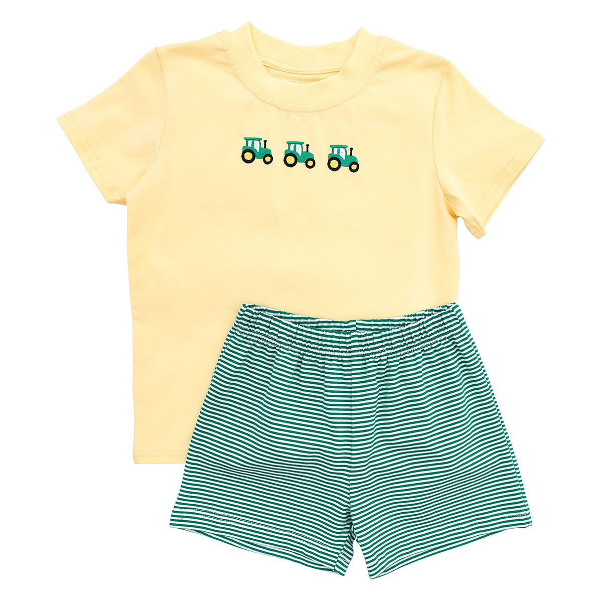 Little boy's yellow t-shirt with green tractor design and green striped shorts