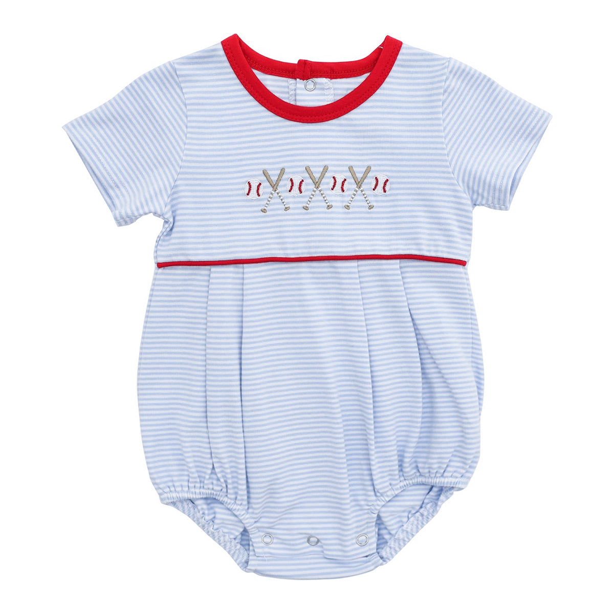 Baby boy blue stripe bubble with red trim and baseball embroidery