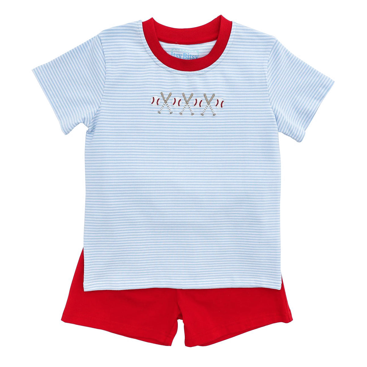 Boys blue stripe baseball embroidered short set with red shorts