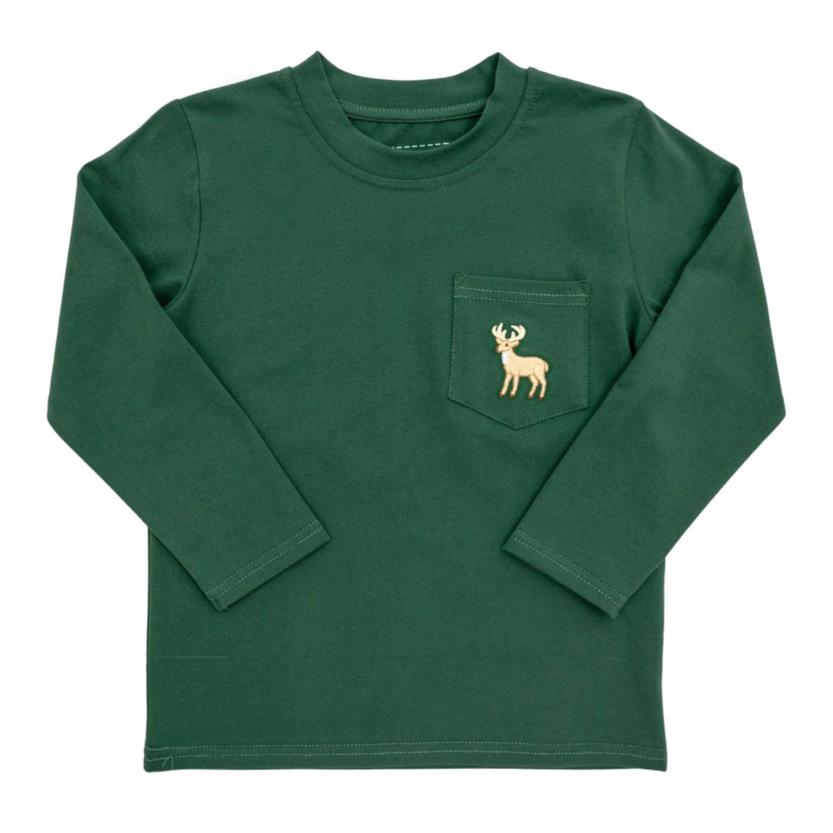 A dark green long-sleeve boy's crewneck shirt featuring a left chest pocket with an embroidered deer.