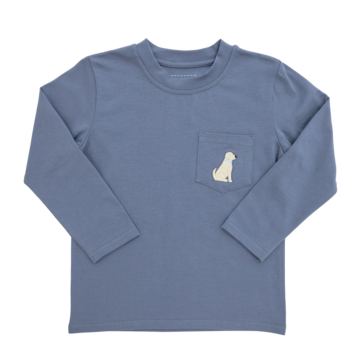 A dusty blue long-sleeve boy's crewneck shirt featuring a left chest pocket with a small embroidered golden retriever.