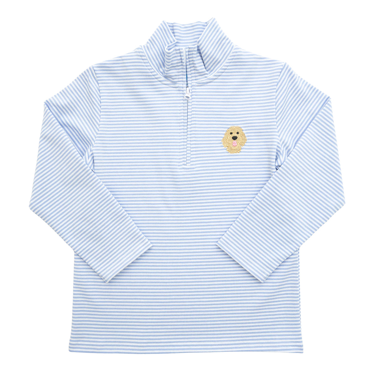A long-sleeve quarter-zip pullover top with light blue and white horizontal stripes featuring a small embroidered doodle dog face.