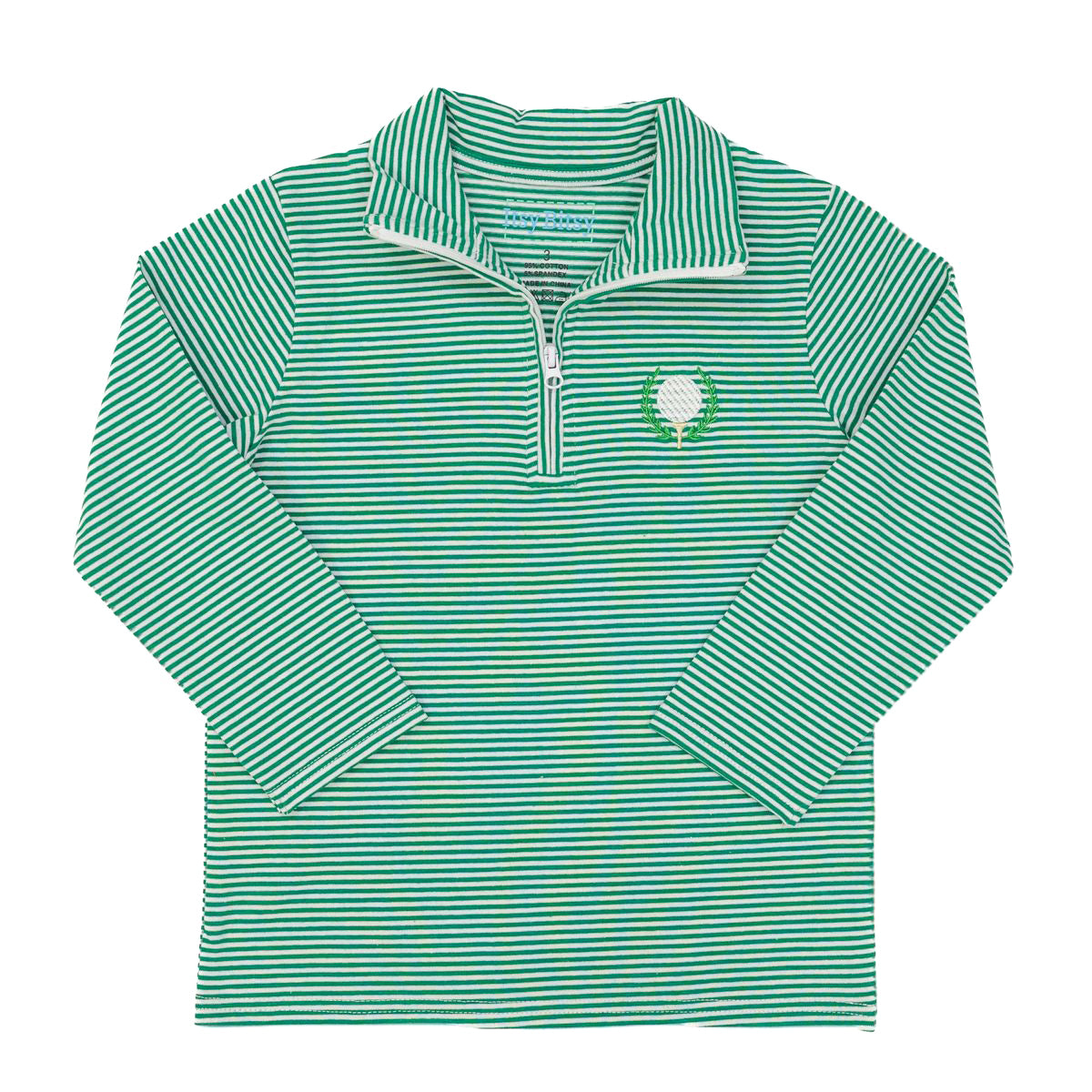 A green and white striped long-sleeve quarter-zip pullover with a small embroidered golf ball crest.