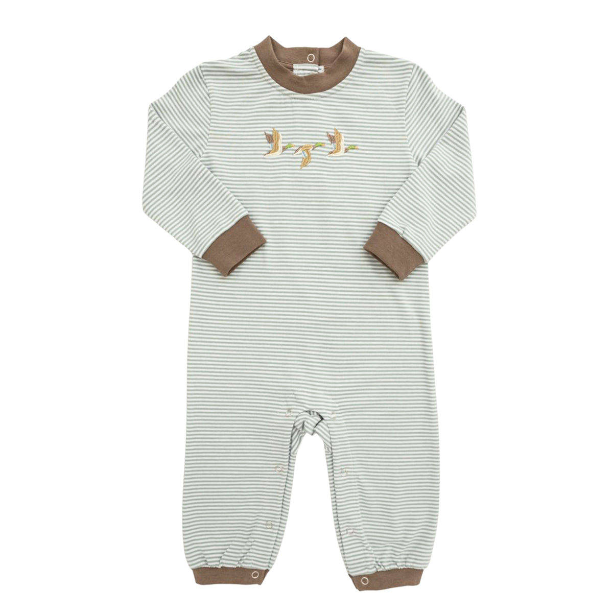 A baby boy's long-sleeve knit romper with sage green and white stripes, brown ribbed collar, cuffs, and hem, and a embroidered flying mallard ducks.