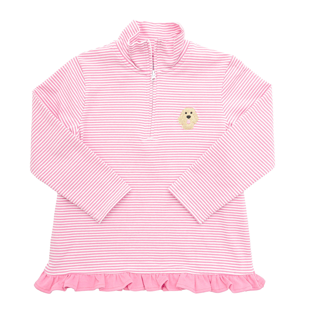 A pink and white striped long-sleeve quarter-zip top with a small embroidered doodle dog face and a ruffled hem.