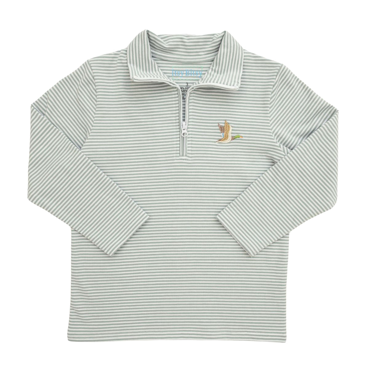 A long-sleeve quarter-zip pullover shirt with horizontal sage green and white stripes featuring an embroidered flying mallard duck.