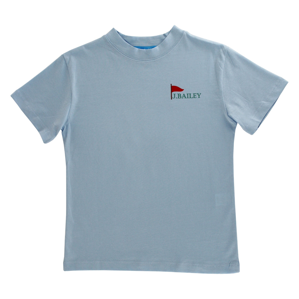 Light blue t-shirt with a J. Bailey logo and golf hole marker flag on the chest