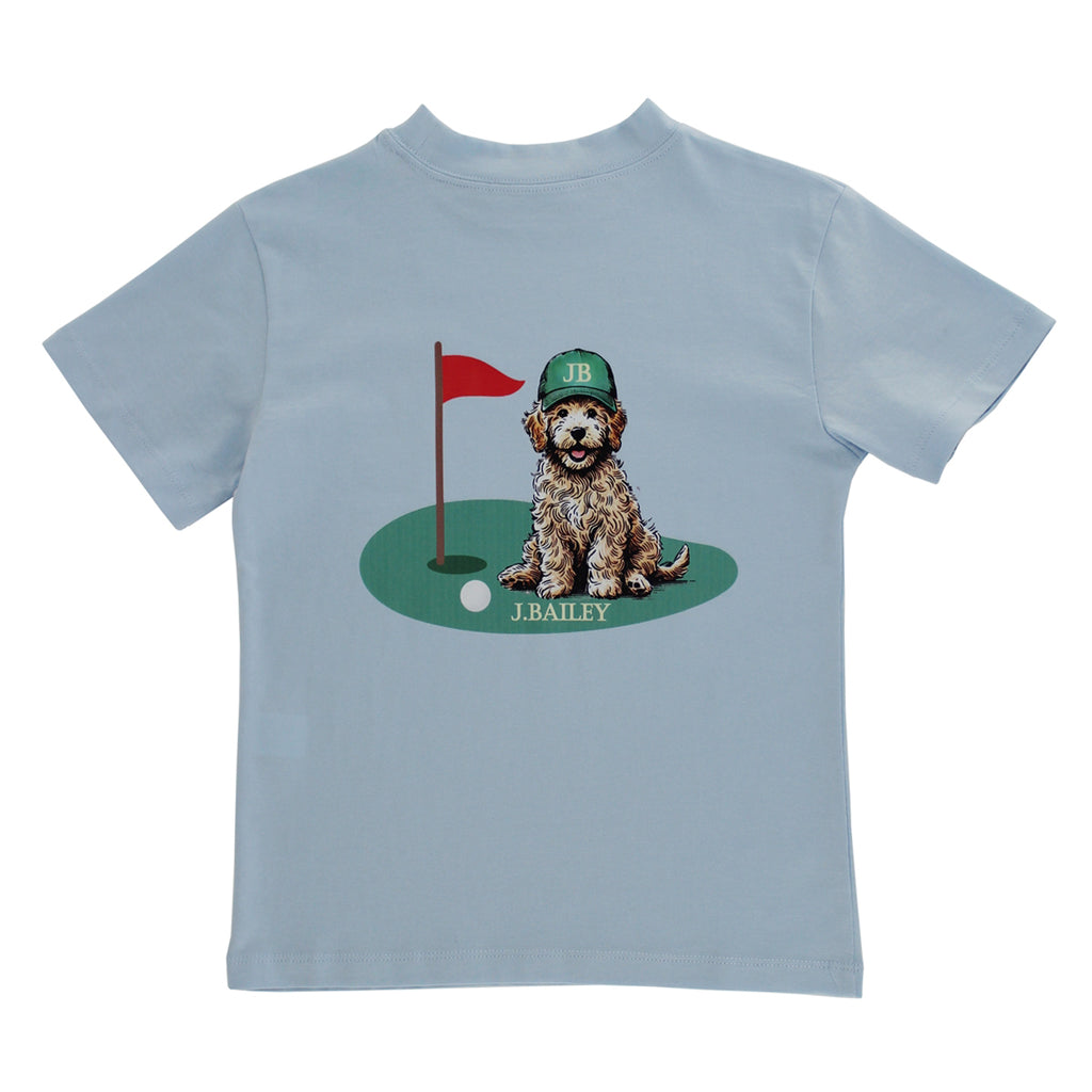 Light blue t-shirt with a dog and golf tee graphic and 'J.Bailey' branding