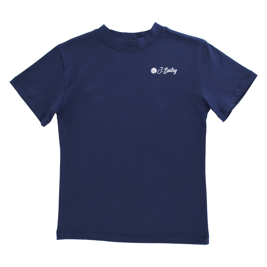 Navy blue t-shirt with a J. Bailey logo and baseball on the chest