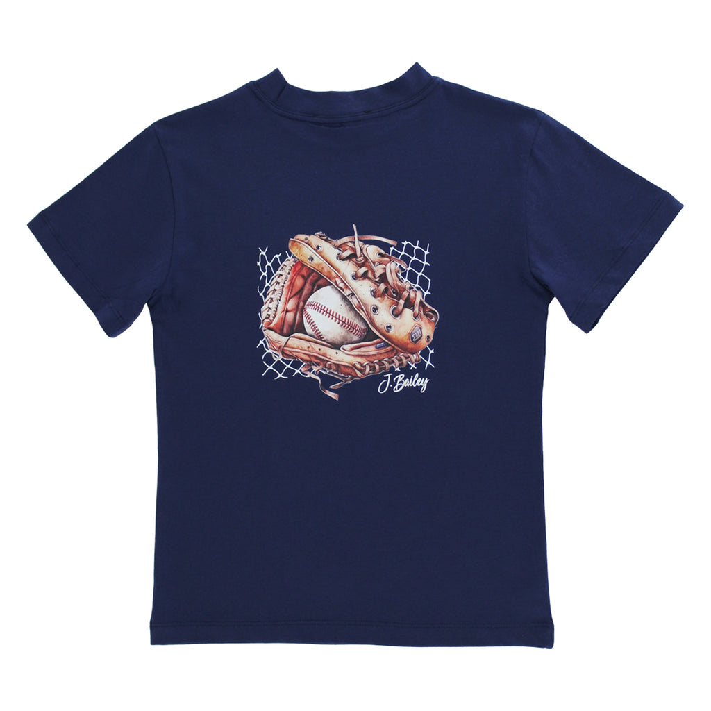 Navy blue t-shirt with a graphic of a baseball glove and ball and J Bailey text
