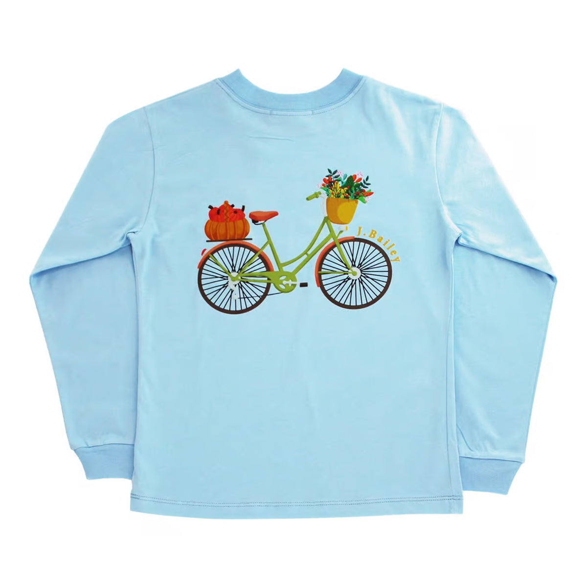 Toddler Girl's Fall Bicycle on Light Blue Logo T-Shirt by J. Bailey