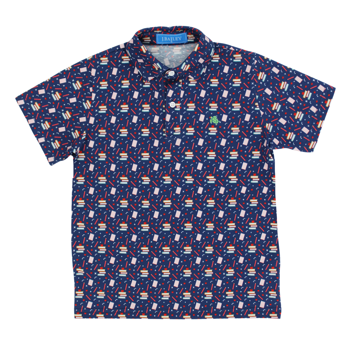 Toddler boys navy short-sleeve shirt with a colorful back to school print