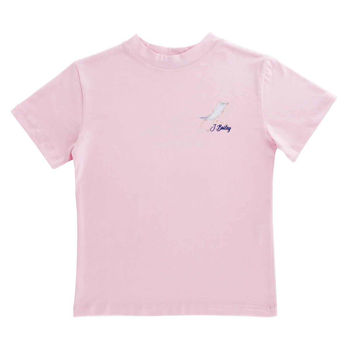Pink t-shirt with a striped beach chair and J. Bailey logo.